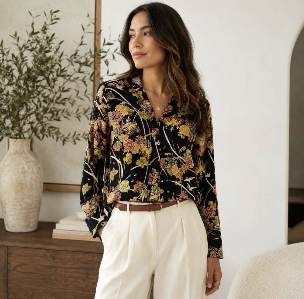Citron Santa Monica 100% Silk Floral Crane Blouse Hidden Placket Black XS